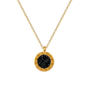 Polished gold titanium steel necklace featuring a Roman numeral pendant with black crystal