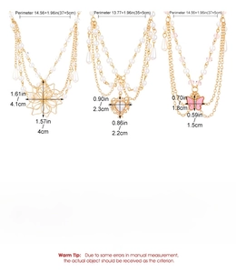 Detailed size specifications for gold alloy layered necklaces with pearl charms