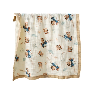 Soft six-layer cotton gauze baby blanket with bear and rainbow prints in creamy white