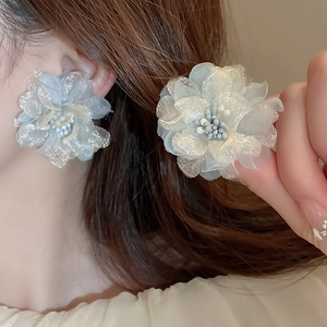 Handmade light blue lace flower earrings with pearl stamen and silver needle studs