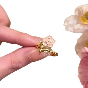 Exquisite 18k gold plated open ring with pink enamel flower and zircon accents