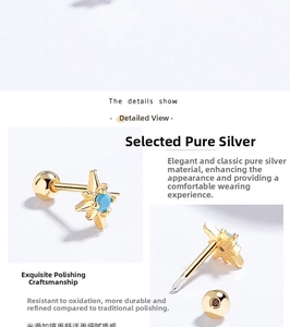 Detail view of gold-plated silver star stud earrings featuring blue turquoise centers