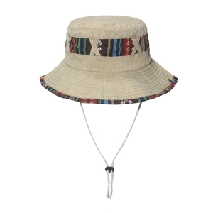 Detail of outdoor sun hat with ethnic geometric trim and adjustable drawstring