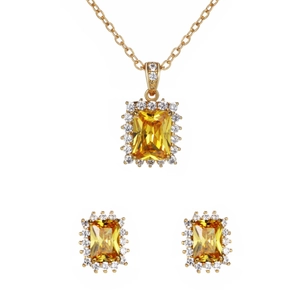 Elegant gold-plated geometric square yellow gemstone jewelry set with necklace and earrings