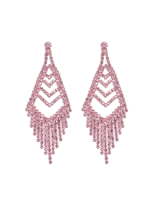 Close-up of pink rhinestone tassel earrings with a geometric diamond-shaped metal frame
