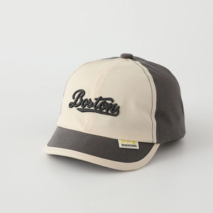 Detailed close-up of retro color-block Boston embroidery on kids baseball cap