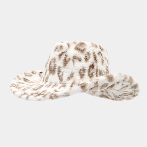 Detail of western cowboy hat in faux fur with light brown leopard print pattern