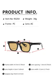 Detailed size chart for square sunglasses showing frame dimensions and material info