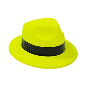 Neon yellow fluorescent party fedora with black ribbon band on white background