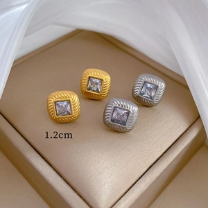 Minimalist square zircon stud earrings in gold and silver with spiral textured edges