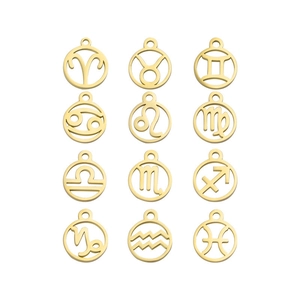 Set of 12 gold stainless steel hollow zodiac sign pendants for jewelry making DIY