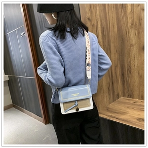 Detailed view of color-block crossbody bag with wide patterned strap and gold hardware