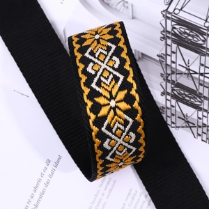 Ethnic style black woven shoulder strap with yellow geometric patterns for handbags