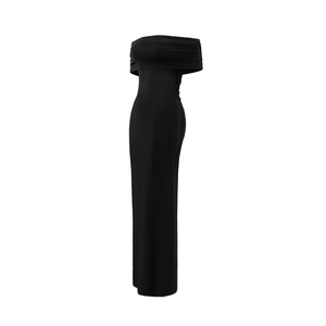 Detail of elegant black off-shoulder maxi dress with ruched bodice and bodycon fit