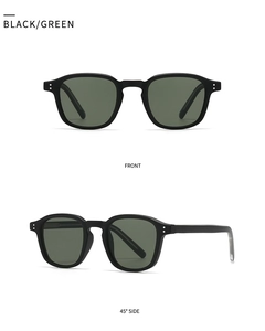 Vistas frontal y lateral de 45 grados de las gafas de sol vintage negras con lentes verdes
