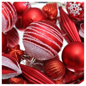 Detailed close-up of mixed red Christmas ornaments with matte, glossy and flocked finishes