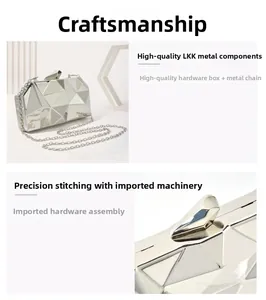 Detailed view of silver clutch bag with geometric facets, metal chain and secure lock