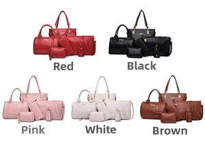 Detail showing 6-piece handbag set collection in red black pink white and brown colors