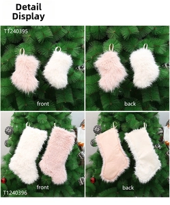 Detailed front and back view of plush pink and white Christmas stockings with faux fur
