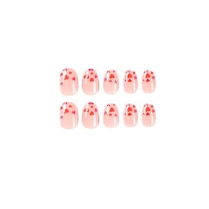 Pink press-on nails set with red heart patterns for Valentine's Day styling