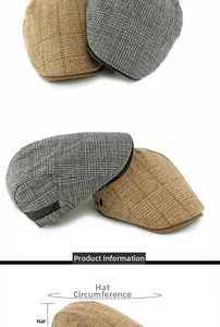 Detail of vintage wool flat cap with grey plaid pattern and metal side buckle
