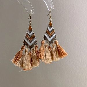 Bohemian rhombus drop earrings with brown and white enamel patterns and cotton tassels