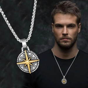 Retro Compass Star Round Pendant Necklace Silver Plated Copper Hip Hop Style Fashion Jewelry For Men