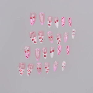 24pcs pink almond press-on nails with 3D bows, red hearts and French tip art design