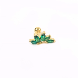 Detail of gold screw-back stud earring with five emerald-green marquise-cut gemstones