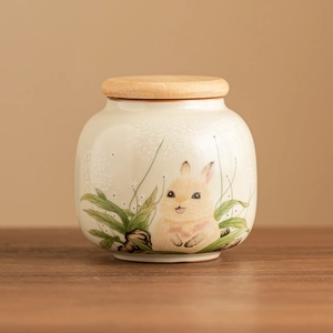 Ru-yao ceramic tea canister with cute rabbit pattern and airtight light wood lid
