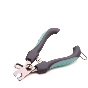 Detail of stainless steel pet nail clipper with safety lock and non-slip rubber handle