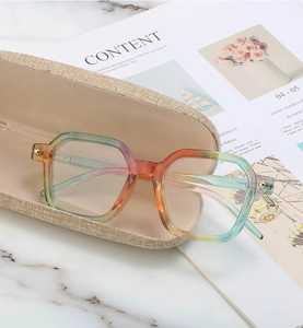 Rainbow gradient thick frame square sunglasses with a khaki textured storage case
