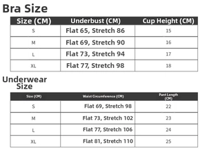 Size chart table for embroidered lace lingerie set including bra and panty measurements
