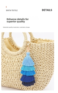 Detail of four-layer blue gradient tassel charm on a woven straw handbag with gold clasp