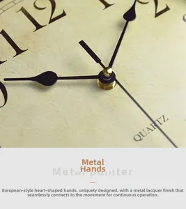 Macro detail of Nordic vintage wall clock with peach heart metal hands and quartz movement