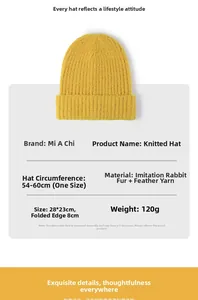 Detailed view of yellow feather yarn knit hat with faux rabbit fur texture and dimensions