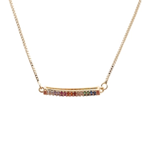 Golden box chain necklace featuring a curved bar pendant with rainbow pavé zircon stones