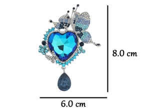 Detailed view of blue heart butterfly brooch with water drop tassel and size dimensions