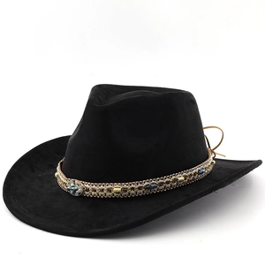 Classic black bohemian cowboy hat with ethnic braided band and shell ornament details