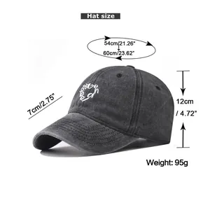 Size guide for washed cotton baseball cap showing circumference and brim measurements