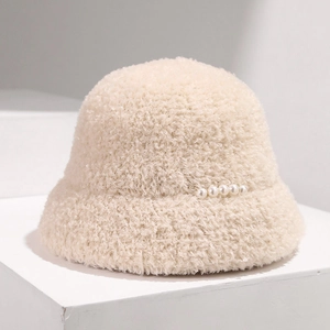 Warm thick beige lamb wool bucket hat for women featuring elegant side pearl decorations