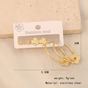 Detailed view of 3-pair set featuring gold stainless steel clover and flower earrings