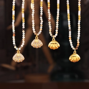 Chic 18k gold plated shell pendant necklace with mixed colorful beads and zircon accents