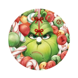 Green Christmas tree skirt featuring Grinch and colorful candy patterns for decor