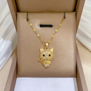 Gold Cat Head Pendant Necklace With Stainless Steel Chain Bow Cubic Zirconia Sparkling Luxury Jewelry For Women