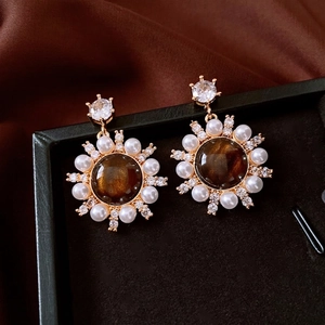 Retro Round Tiger's Eye Stud Earrings With Artificial Pearl Zircon 925 Sterling Silver Earring Post Vintage For Women