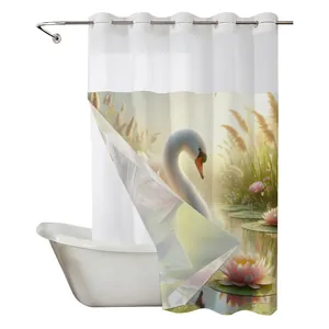 Waterproof fabric shower curtain with white swan and pink lotus floral print