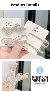 Detail of silver bow hair clips with crystal rhinestones and pearls on duckbill base