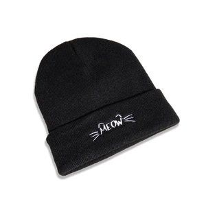 Detailed view of the MEOW cat embroidery and ribbed texture on the black beanie
