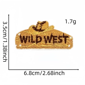 Detail view of embroidered cowboy hat patch showing dimensions 3.5x6.8cm and 1.7g weight